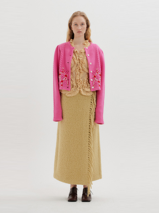 Eenk Titi Floral Pattern Puff Sleeve Knit Cardigan - Pink