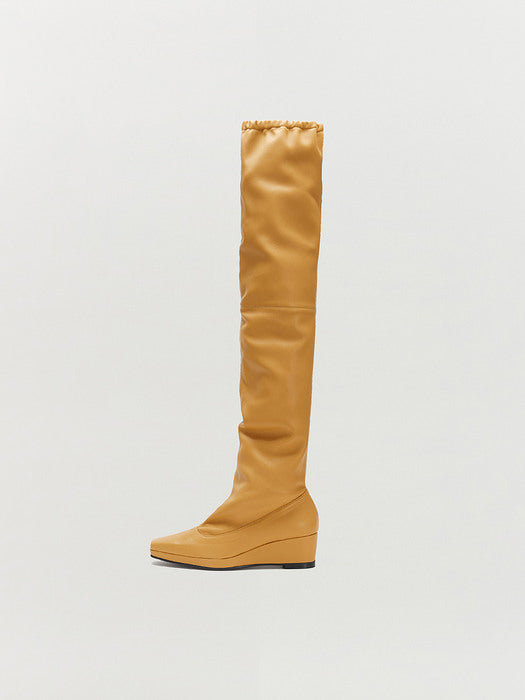 [EENK] Tia Leather-trimmed Thigh High Boots - Beige