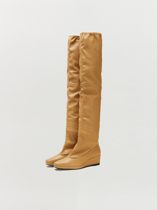 [EENK] Tia Leather-trimmed Thigh High Boots - Beige