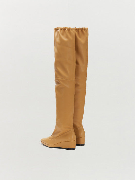[EENK] Tia Leather-trimmed Thigh High Boots - Beige