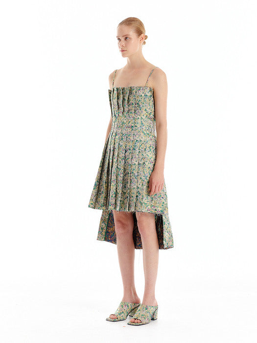 Eenk Pleated Layer Strap Dress - Green/Yellow Multi