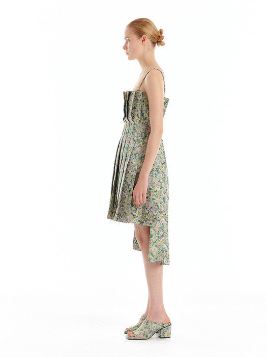 Eenk Pleated Layer Strap Dress - Green/Yellow Multi