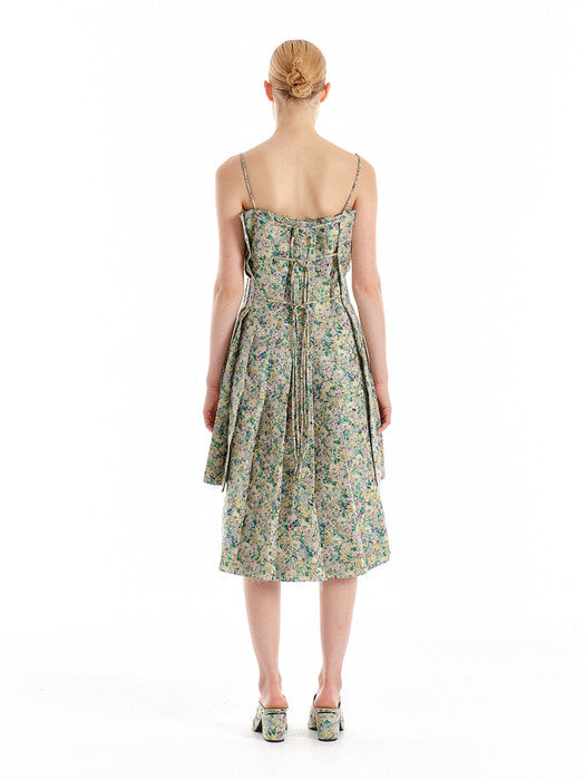Eenk Pleated Layer Strap Dress - Green/Yellow Multi
