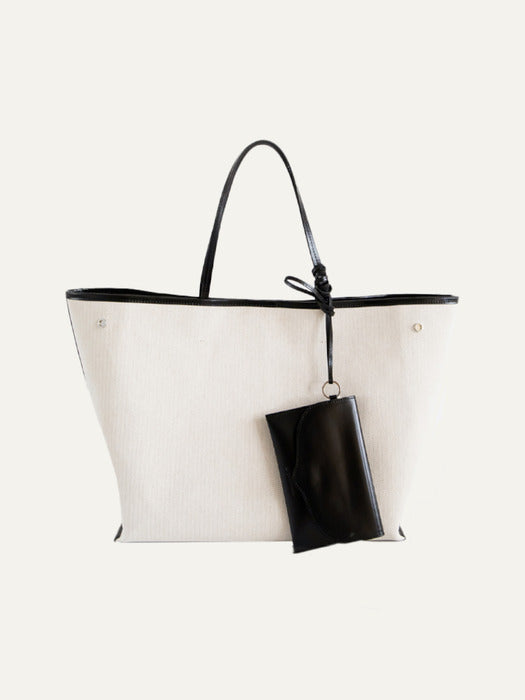 Kindersalmon Leather-Trimmed Canvas Tote Ecru