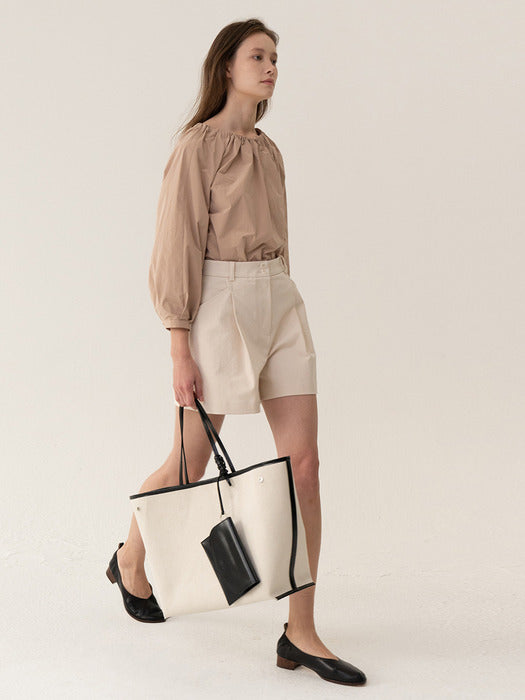Kindersalmon Leather-Trimmed Canvas Tote Ecru