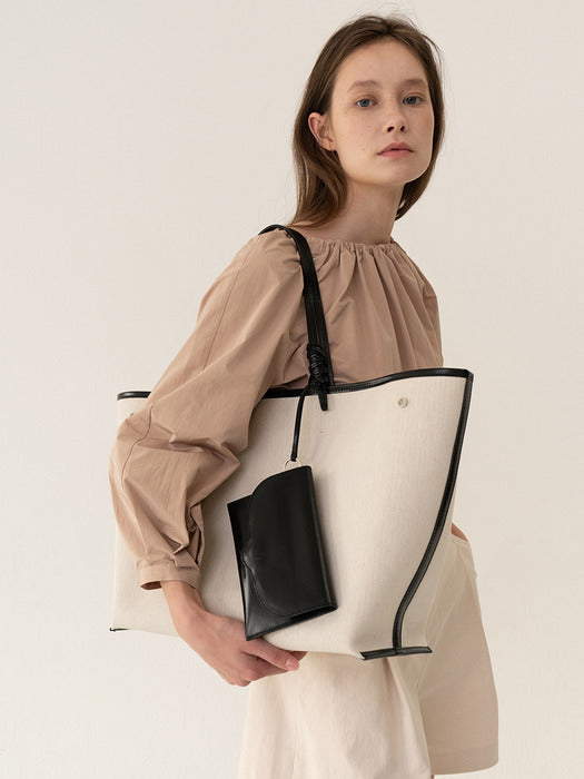 Kindersalmon Leather-Trimmed Canvas Tote Ecru