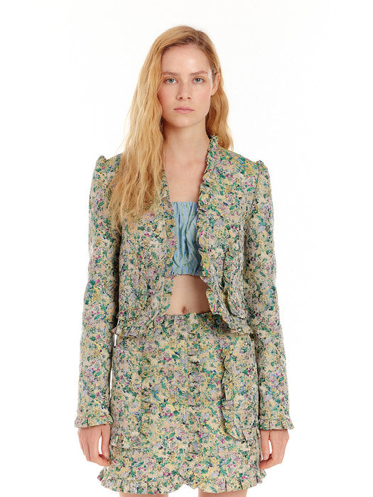 Eenk Uromi Frilled Short Jacket - Green/Yellow Multi