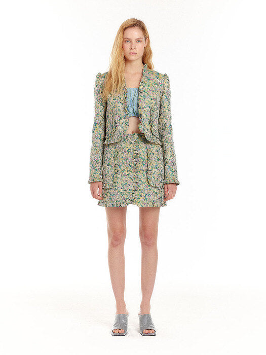 Eenk Uromi Frilled Short Jacket - Green/Yellow Multi