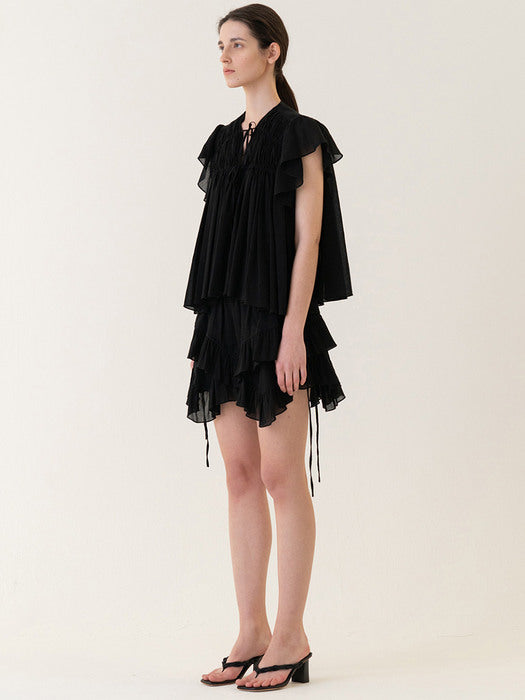 [Kindersalmon] Ruffle Trimming Shorts Black