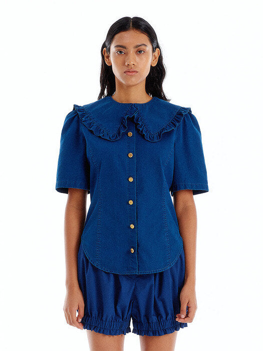 Eenk Ujenny Frilled Collar Denim Shirt - Denim Blue