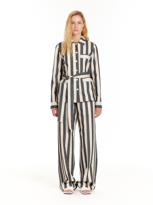 Eenk UP Drawstring hem wide-leg Pants - Ivory/Black Stripe