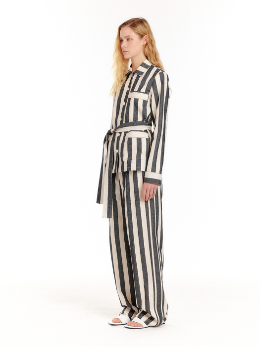 Eenk UP Drawstring hem wide-leg Pants - Ivory/Black Stripe
