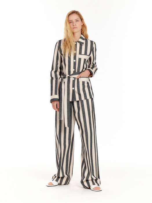 Eenk UP Drawstring hem wide-leg Pants - Ivory/Black Stripe