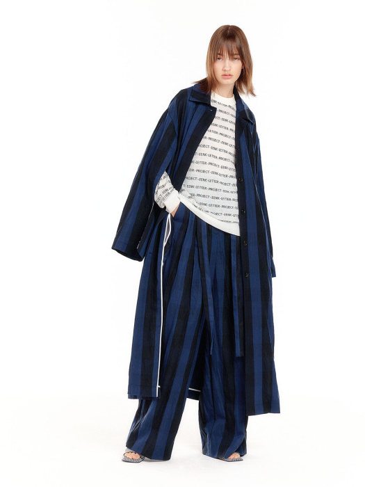 [EENK] University Belted Wide Pants - Navy/Black Stripe