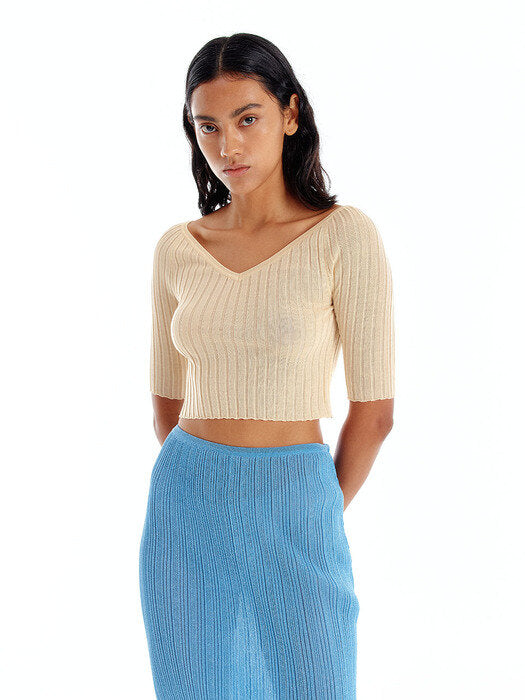 Eenk Uvina Wide V-Neck Knit Top - Light Yellow
