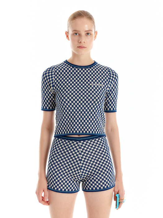 Eenk Ultron Gingham Knit Top - Ivory/Navy