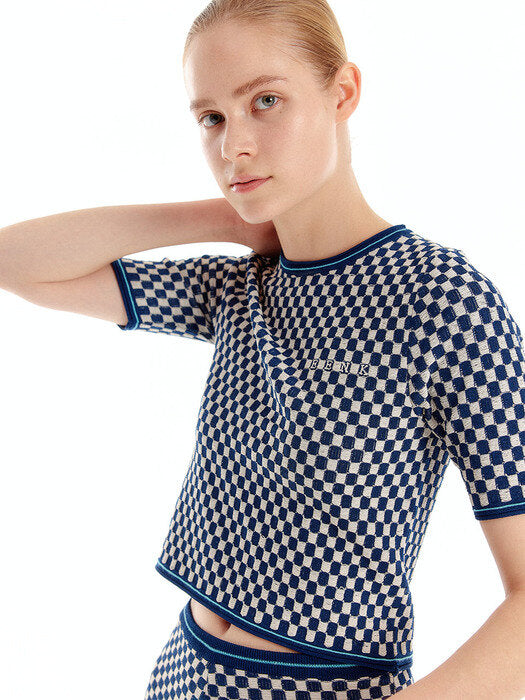 Eenk Ultron Gingham Knit Top - Ivory/Navy