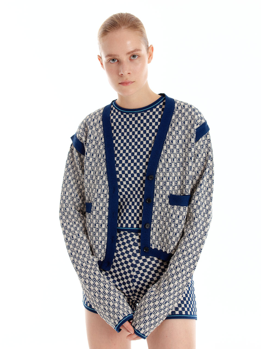 Eenk Ultra Gingham Vest Cardigan - Ivory/Navy
