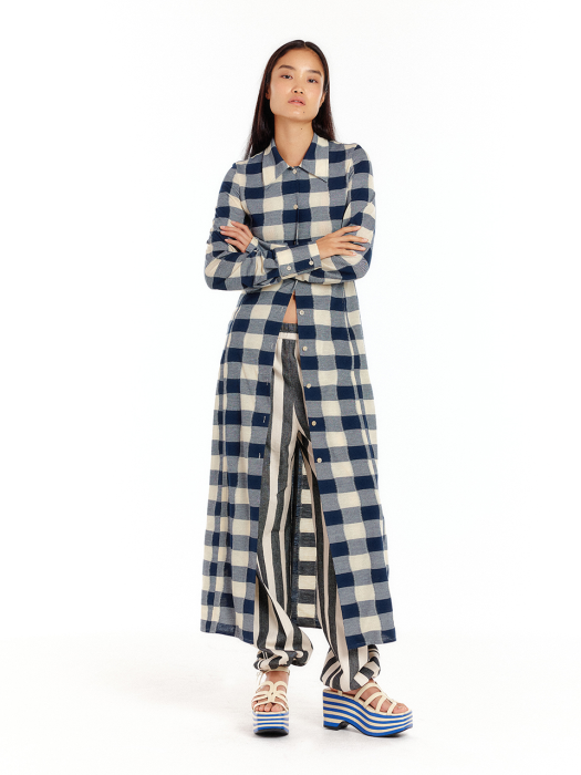 Eenk Ulyssa Jersey Shirt Dress - Ivory/Navy Check
