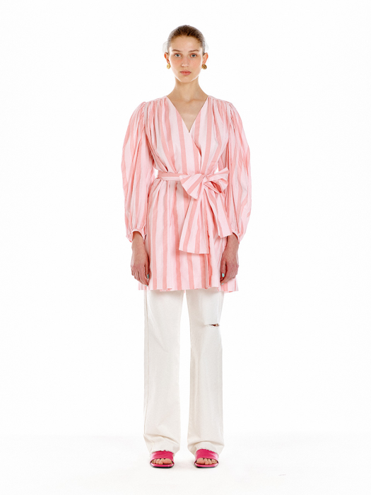 [EENK] Ukiah Shirred Wrap Dress - Pink Stripe