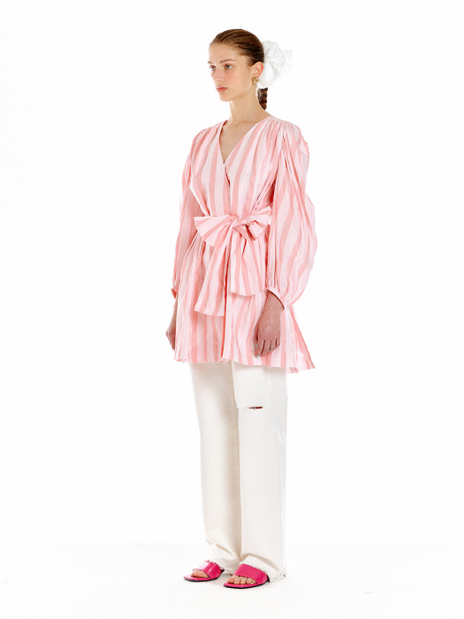 [EENK] Ukiah Shirred Wrap Dress - Pink Stripe