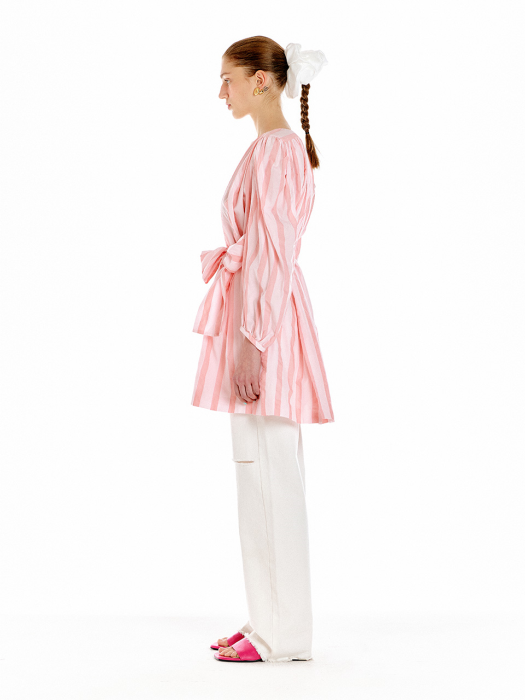 [EENK] Ukiah Shirred Wrap Dress - Pink Stripe