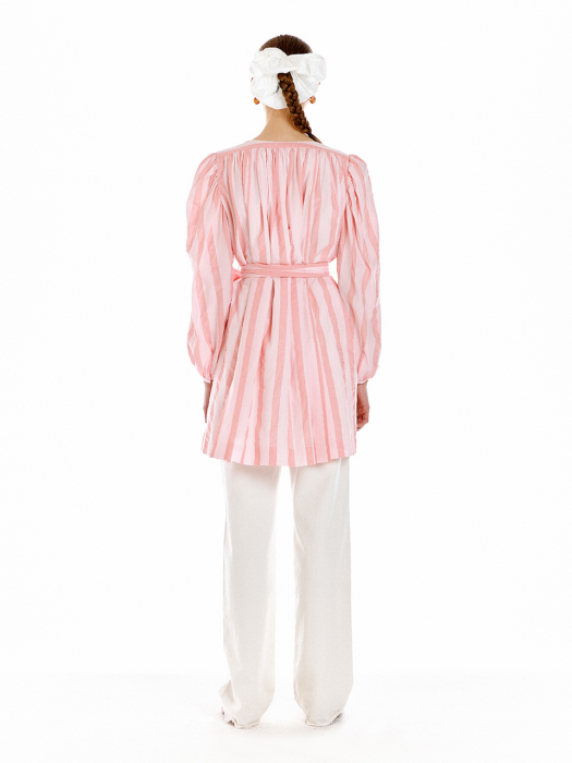 [EENK] Ukiah Shirred Wrap Dress - Pink Stripe