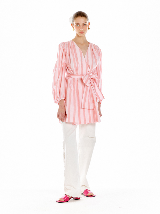 [EENK] Ukiah Shirred Wrap Dress - Pink Stripe