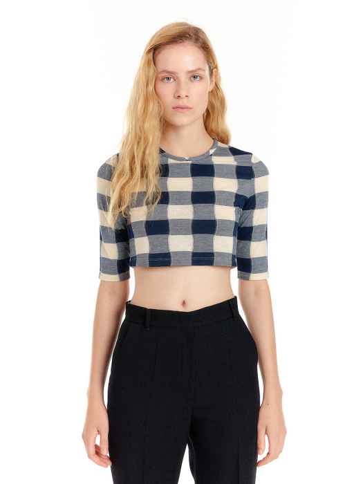 Eenk Urio Jersey Crop Top - Ivory/Navy Check