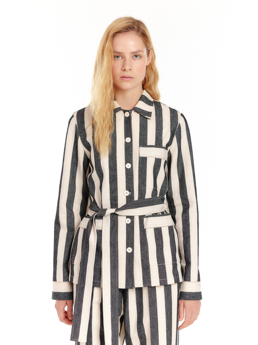 Eenk Upper Belted Oversized Shirt - Ivory/Black Stripe