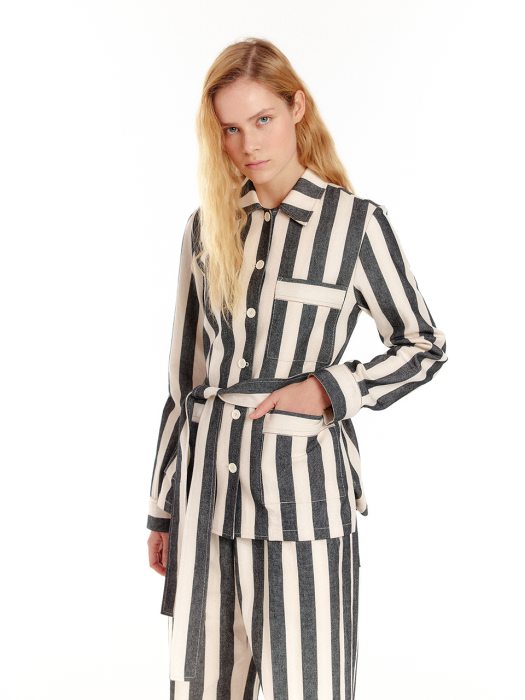Eenk Upper Belted Oversized Shirt - Ivory/Black Stripe