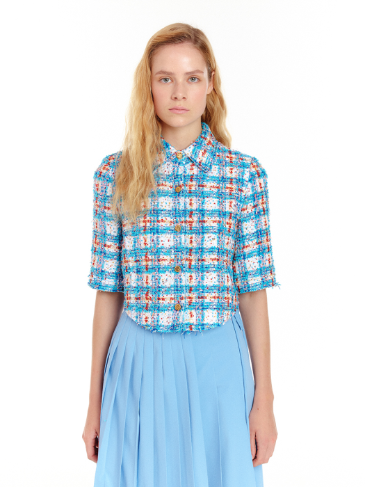 Eenk Uriah Tweed Crop Shirt - Blue Multi