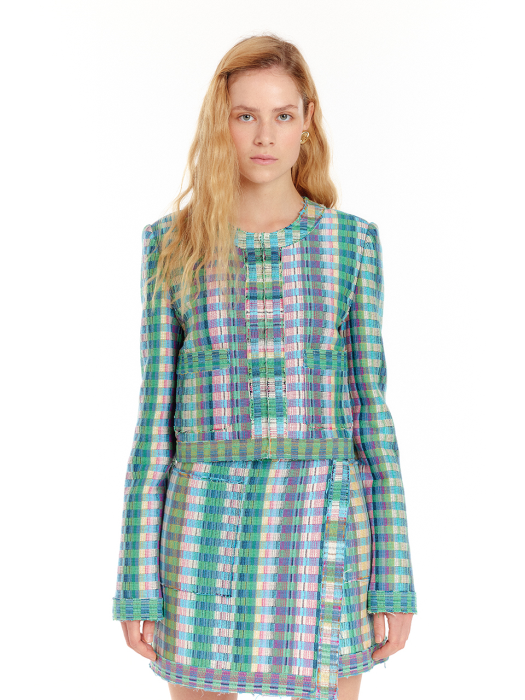 Eenk Uem Panneled Check Short Jacket - Green Multi
