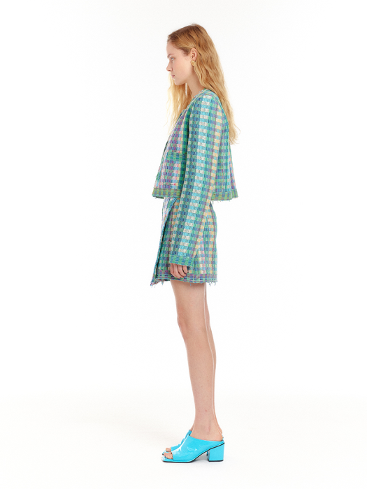 [EENK] Uem Panneled Check Short Jacket - Green Multi