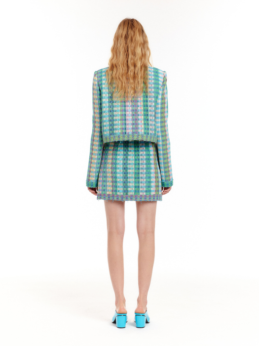 [EENK] Uem Panneled Check Short Jacket - Green Multi