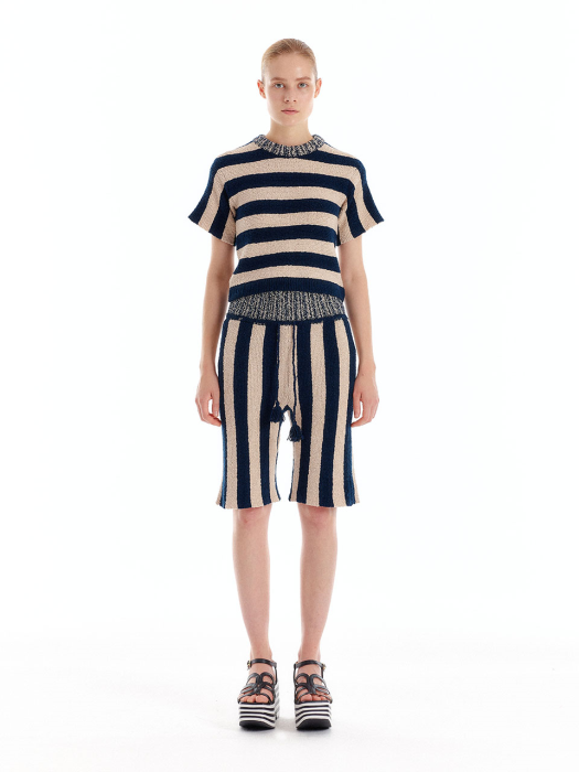 Eenk Ullad Stripe Knit Shorts - Navy/Beige Stripe