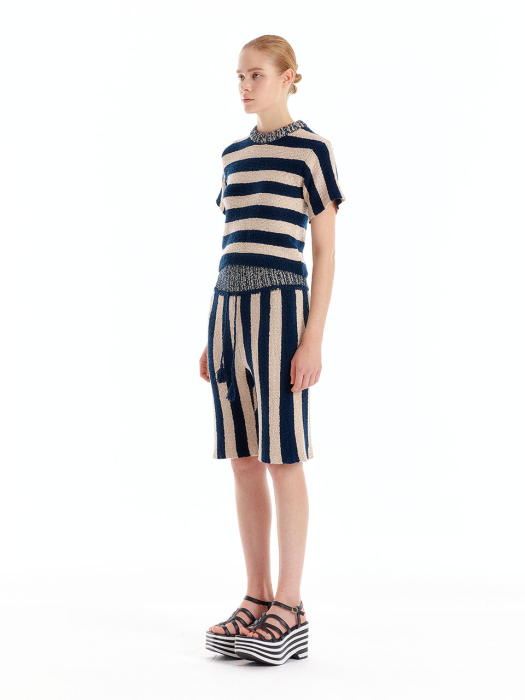 Eenk Ullad Stripe Knit Shorts - Navy/Beige Stripe