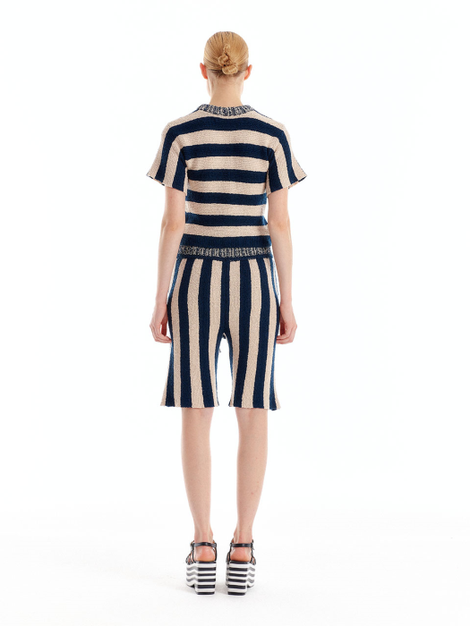Eenk Ullad Stripe Knit Shorts - Navy/Beige Stripe