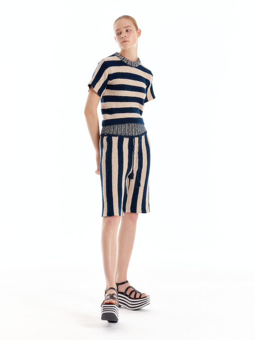 Eenk Ullad Stripe Knit Shorts - Navy/Beige Stripe