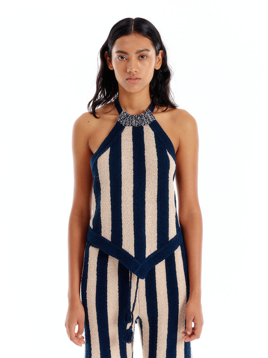 Eenk Ullid Knit Halter Top - Navy/Beige Stripe