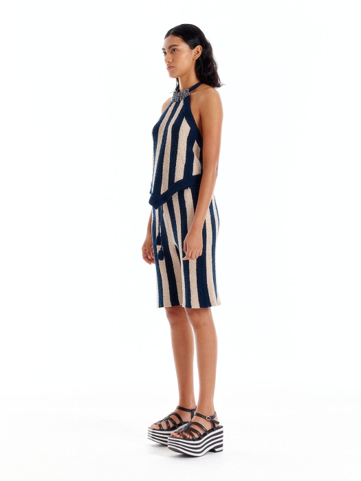 Eenk Ullid Knit Halter Top - Navy/Beige Stripe