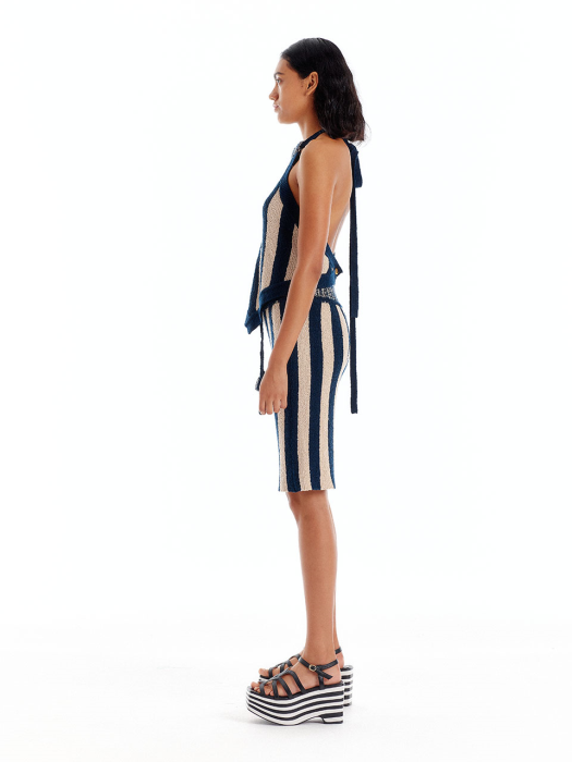 Eenk Ullid Knit Halter Top - Navy/Beige Stripe