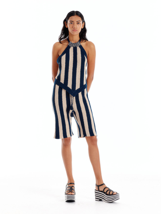 Eenk Ullid Knit Halter Top - Navy/Beige Stripe