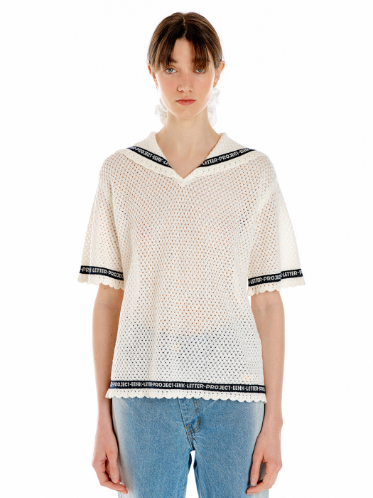 Eenk Uti Lettering Point Knit Top - Ivory/Black
