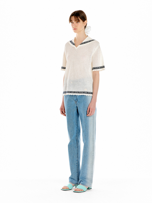 Eenk Uti Lettering Point Knit Top - Ivory/Black