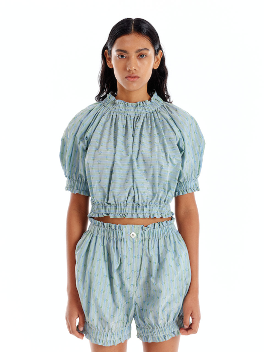 Eenk Ulla Shirred Crop Top - Light Green Multi