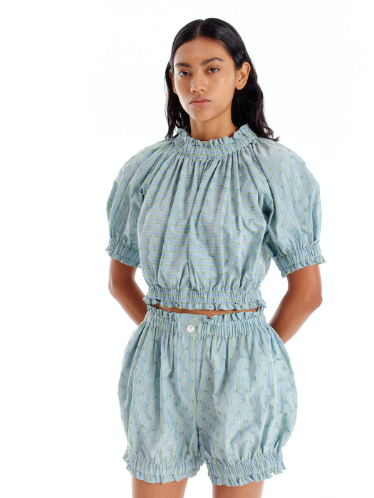 Eenk Ulla Shirred Crop Top - Light Green Multi