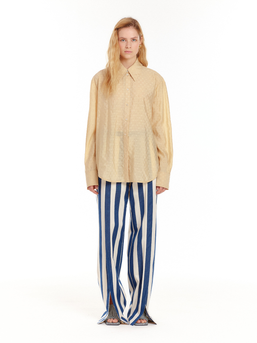 [EENK] Urth Front-Slit Wide Pants - Ivory/Navy Stripe