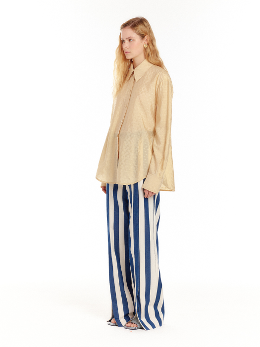 [EENK] Urth Front-Slit Wide Pants - Ivory/Navy Stripe