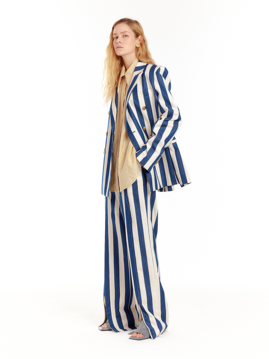 [EENK] Urth Front-Slit Wide Pants - Ivory/Navy Stripe